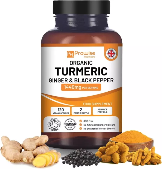 Organic Turmeric Ginger and Black Pepper capsules 1440mg High Strength - Prowise