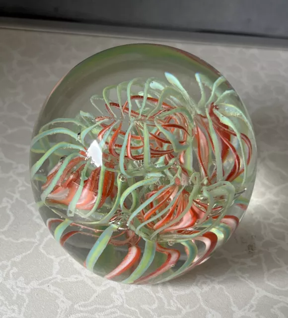 Beautiful Green And Peach Art Glass Large Size Paperweight Swirls