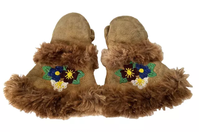 Antique Plains Indian Guantlet Mittens Child's Beaded Leather & Fur Cloth Lined