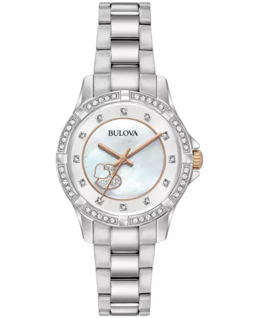 Bulova 98L232 Silver Tone White MOP Dial Heart Crystal Accent Womens Watch