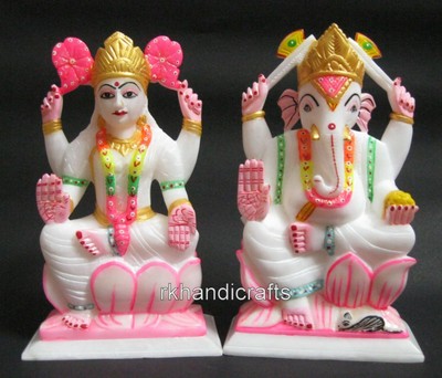 DEA Bianco Marmo Scultura Mano Intaglio Lavoro Signore Ganesha Ji Dea Laxmi 22.9cm 
