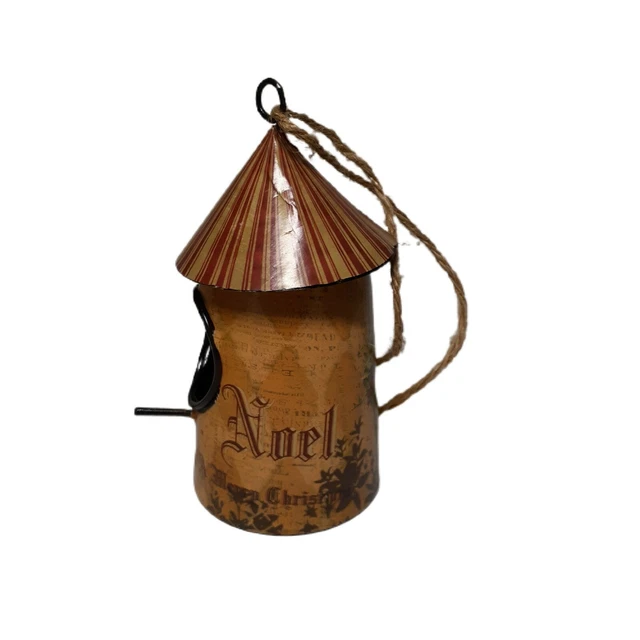 VTG Metal Birdhouse Ornament Striped Roof Noel Merry Christmas  4.5"