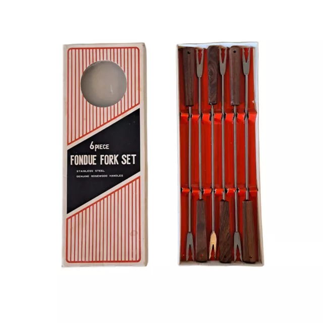 Vintage Fondue Fork Set 6 Piece Stainless Steel Color Coded Dot Handle Box MCM