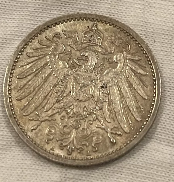 2 Coins German Reich Empire 1 Mark  1914 A.  .90 Silver