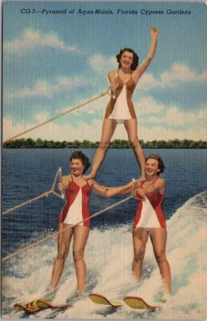 CYPRESS GARDENS, Florida LINEN Postcard "Aqua Maids" Water-Skiing PYRAMID c`949