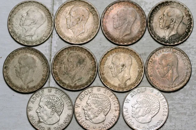 Sweden Lot Of 11 Silver 1 Krona 1942 1943 1944 1946 1948 (3) 1949 1962 1964 1965