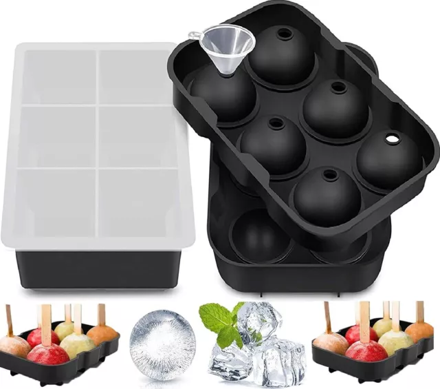 2 Large Ice Cube Molds -Sphere Ice Ball Maker and Square Ice cube Tray with Lids