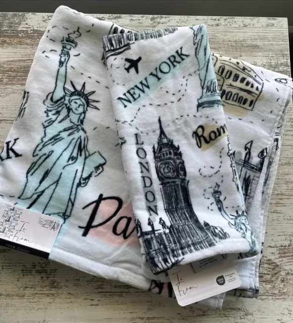 Paris Eiffel Tower New York Rome London Bath Hand Towel Set 2PC 100% cotton Posh