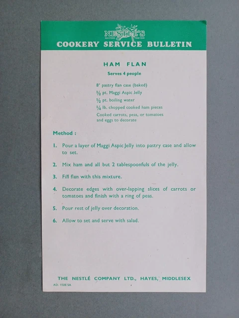 C1950s NESTLÉ'S COOKERY SERVICE BULLETIN RECIPE LEAFLET "HAM FLAN"
