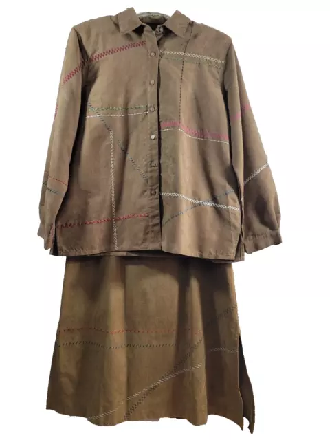 VTG Koret Petites Womans Skirt Suit PL Brown Faux Suede Button Up Embellished