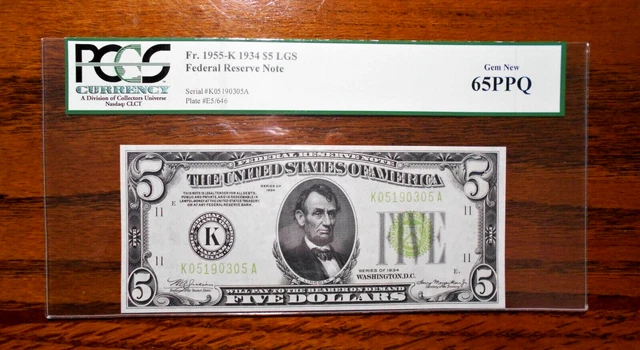 1934 $5 Federal Reserve Note (LGS) Light Green Seal 💲 PCGS 65PPQ ~ Dallas