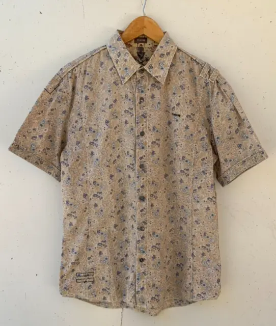 FIRETRAP Mens 90s Y2K Short Sleeve Button Up Beige Floral Casual Shirt Size L