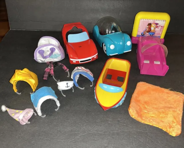 Zhu Zhu Pets Vehicle & Accessories Lot Including Blanket, Clothes & Carrie