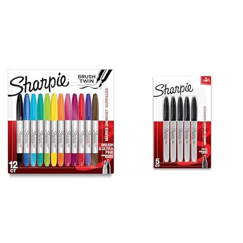 Brush Twin Permanent Markers, Brush Tip Marker and Ultra Fine Tip Marker, Ass...