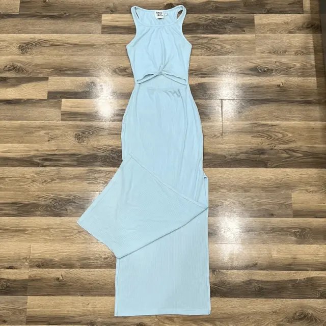 Princess Polly Elisha Midi Ribbed Dress Baby Blue Women’s Size 2/Cutout/ Slits