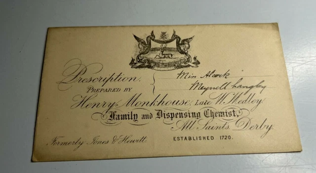Antique Prescription Envelope  Henry Monkhouse Chemist Derby  to Miss Alcock
