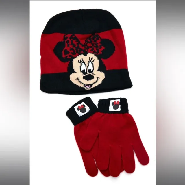 NWT Disney Minnie Mouse kids Hat and Glove Set red black beanie winter girls os