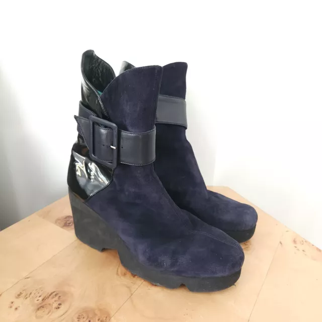 Thierry Rabotin Navy Blue Suede Ankle/Midi Boots Booties 37.5 Italy