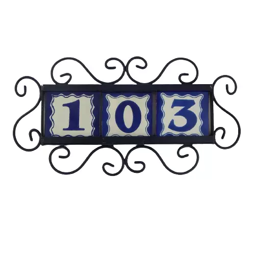 3 BLUE Mexican Ceramic Number Tiles & Horizontal Iron Frame