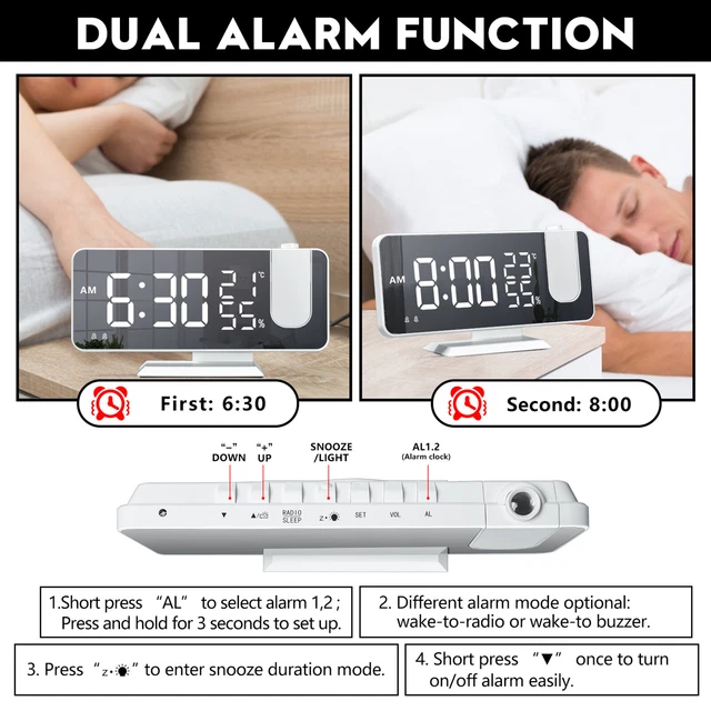 Projection Alarm Clock LED Display Dual Alarms Ultra-Clear for Kids Teens Adults 3