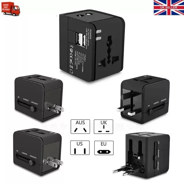 Universal Travel Adapter Multi Use Plug 2 USB World wide Charger UK EU AU US