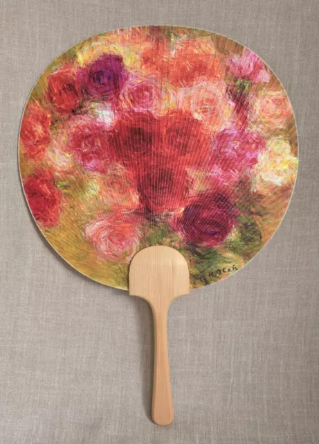 50cm(19.7") Japanese Old Big Fan Uchiwa 1990 : design Rose : signed Kyonaga Ito 2