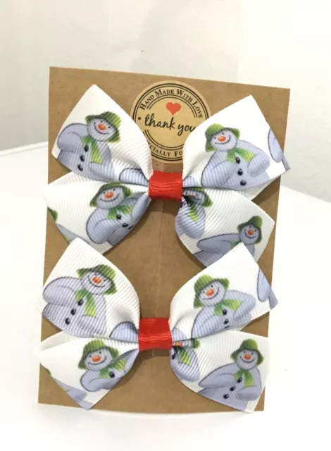 CHRISTMAS SNOW MEN Hair Bow Alligator Clip/ Bobbles Set Of 2 Girls Baby  Bows