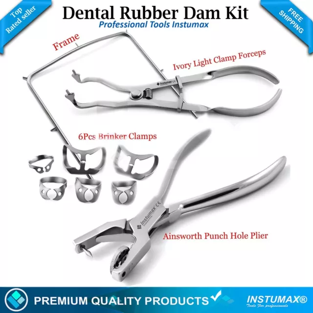 9Pcs Dental Rubber Dam Kit Ivory Forceps Brinker Clamps Ainsworth Punch + Frame