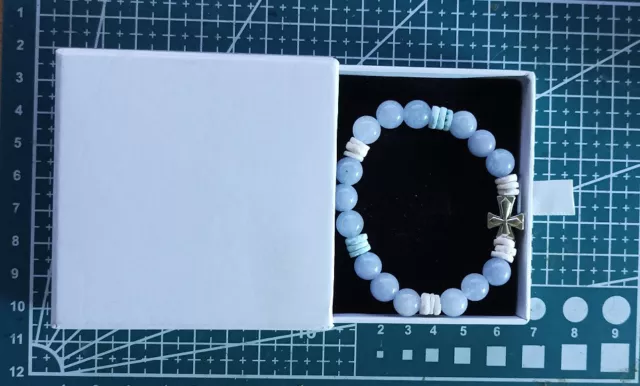 Bracelet en Calcédoine Bleue avec Croix Chrétienne Métallique 3