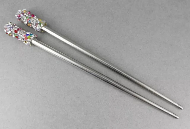 Silver crystal set 2 hair chop sticks accessory picks pins 7 1/8" long