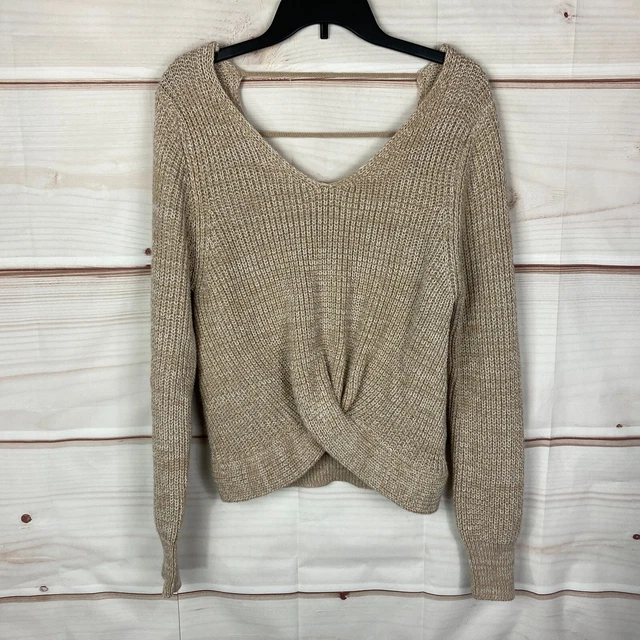 Harper Heritage Marl Knit Twist Front Sweater Womens Medium Beige Strappy Back