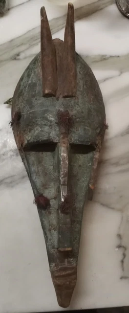 Marka Mask w Hammered Metal and Tassels. Authentic Carved African Wood Art. Vtg