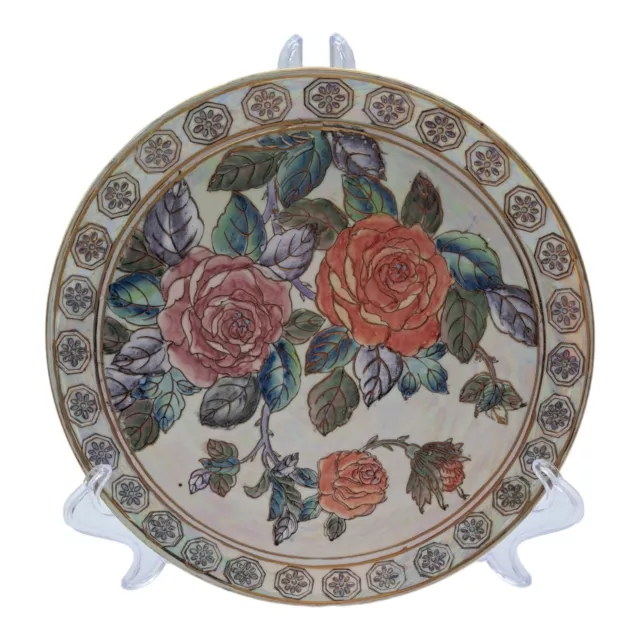 Porcelain Plate Hand Painted Roses Chinese Pearlescent Lusterware 19.5cm Vintage