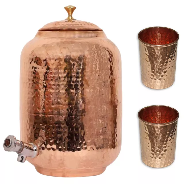 Pure Copper Hammered Water Dispenser Matka Pot & 2Glass Set Ayurveda Benefits 4L