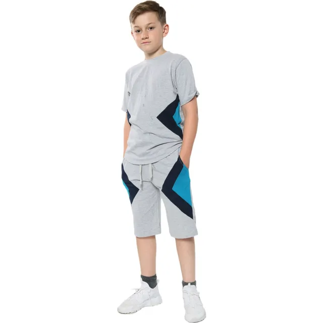 Kids Boys Girls T Shirts 100% Cotton Grey Contrast Panelled Summer Shorts Sets