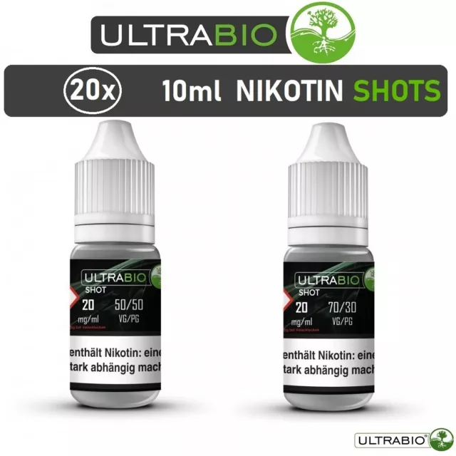 20x Nikotin Shots 20mg ULTRABIO 10ml VG/PG 50/50 70/30 Shot Base für E-Liquid