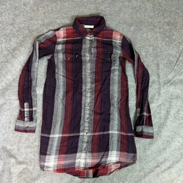 Volcom Womens Shirt Medium Maroon Gray Striped Flannel Tunic Long Button Up