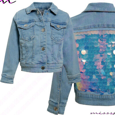 NEW Girls Denim Jacket kids sequin summer soft Jean sparkle coat 3-15 yr BLUE