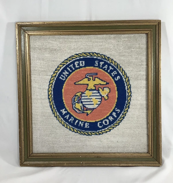 UNITED STATES MARINE Folk Art Corps USMC Emblem Logo Framed Needlepoint