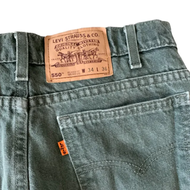 Vintage 70s 80s Levis 550 Denim Jean Orange Tab Green Skate Surf Denim 32x35