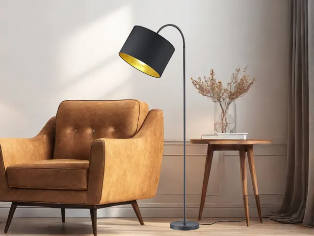 Lámpara de pie flexible 156 cm de alto con pantalla de lámpara de tela Ø35 cm en negro/oro