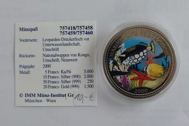 Kongo 5 Francs Farbmünzen 2000 Marine Life Protection - Leoparden-Drückerefisch