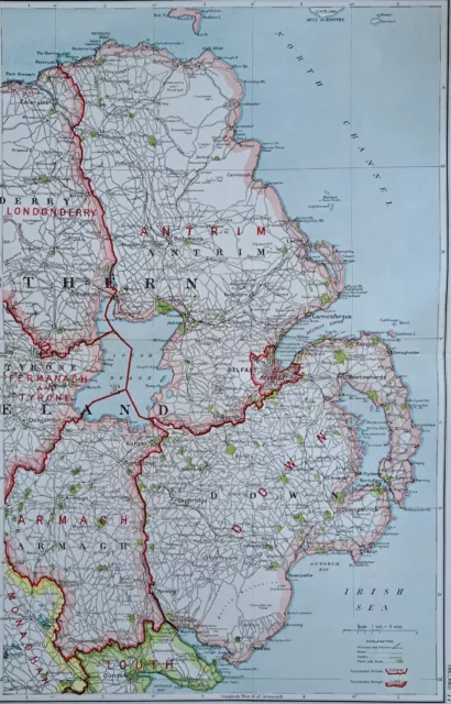 1922 large map of Ireland North. 101 years old. Antique. Down, Antrim, Belfast.