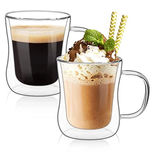 ComSaf 8 Oz Cappuccino Cup Espresso Cups Set of 2 Double Wall Glass Coffee Mu...