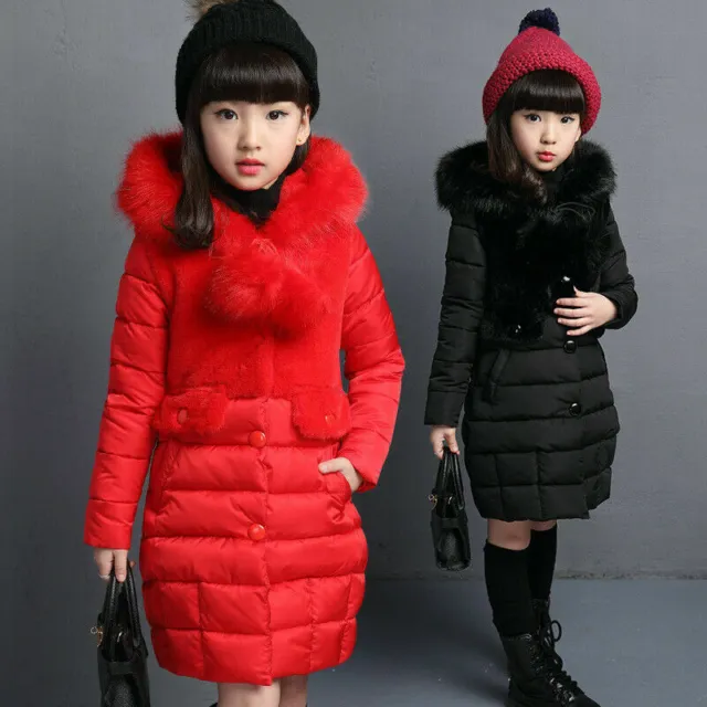Winter Girls Kids Warm Coat Padded Jacket Faux Fur Hooded Long Parka Coat