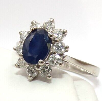 Effy BH 1ct Natural Blue Sapphire Diamond Halo 14K White Gold Ring Size 7 LLB2