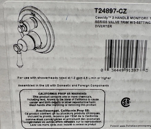 DELTA CASSIDY T24897CZ Valve Trim 3 function Diverter Shower Champagne