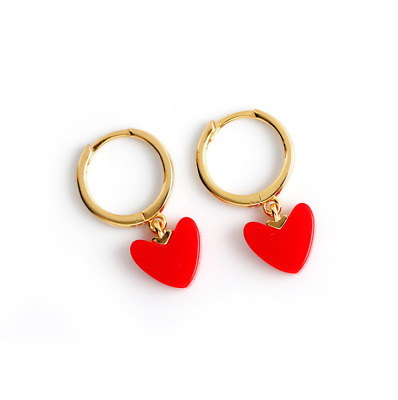18K Gold over 925 Sterling Silver Red Heart Turquoise Huggie Hoop Earrings A32
