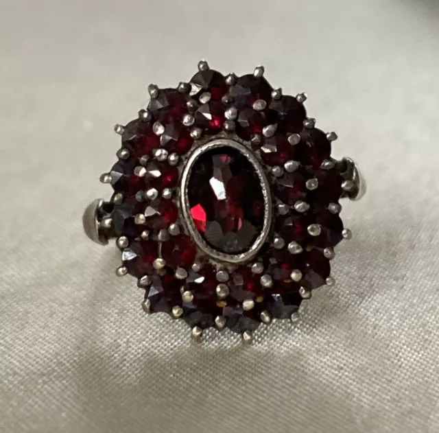 Vintage Bohemian Czech Garnet Oval Cluster 900 Silver Ring