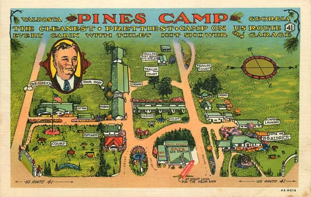 Linen Roadside Postcard Pines Camp Court Motel, Valdosta, Georgia